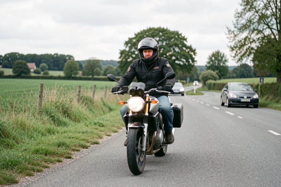 Un motard équipé roule sur une route départementale française bordée de paysages verdoyants, avec une voiture banalisée visible au loin dans la circulation.