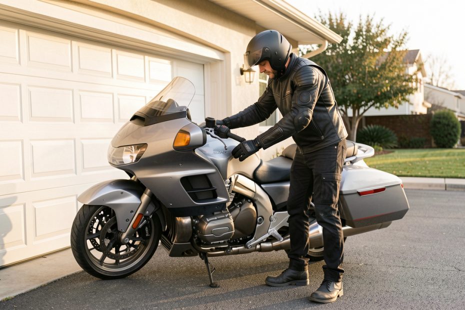 Un motard équipé vérifie attentivement sa moto devant un garage privé éclairé par la douce lumière du matin.
