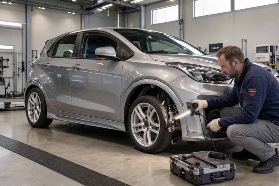 Une voiture compacte personnalisée est examinée par un contrôleur masculin dans un centre de contrôle technique wallon lumineux, notamment au niveau des jantes et de la suspension.